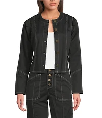 KARL LAGERFELD PARIS Coordinating Round Neck Long Sleeve Contrast Trim Cropped Jacket