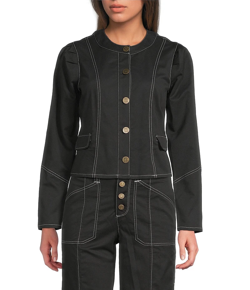KARL LAGERFELD PARIS Coordinating Round Neck Long Sleeve Contrast Trim Cropped Jacket