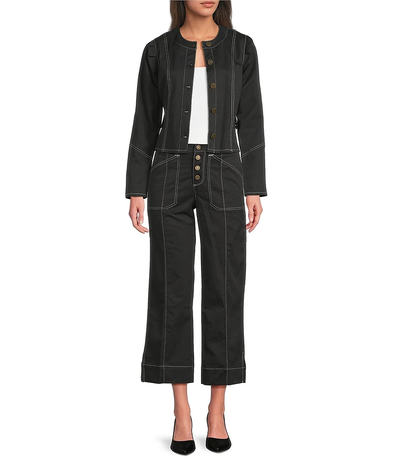 KARL LAGERFELD PARIS Coordinating Round Neck Long Sleeve Contrast Trim Cropped Jacket