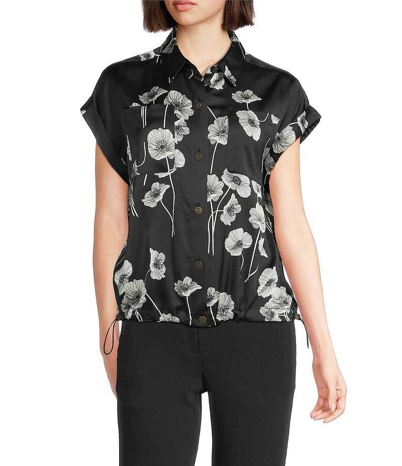 KARL LAGERFELD PARIS Coordinating Satin Crepe Floral Print Point Collar Short Sleeve Shirt