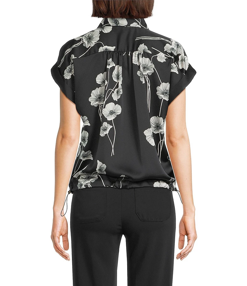 KARL LAGERFELD PARIS Coordinating Satin Crepe Floral Print Point Collar Short Sleeve Shirt