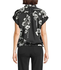 KARL LAGERFELD PARIS Coordinating Satin Crepe Floral Print Point Collar Short Sleeve Shirt