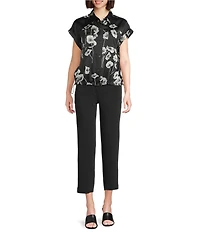 KARL LAGERFELD PARIS Coordinating Satin Crepe Floral Print Point Collar Short Sleeve Shirt