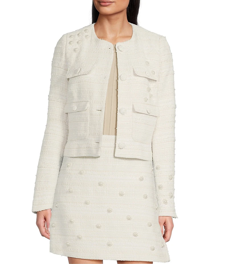 KARL LAGERFELD PARIS Coordinating Tweed Pearl Flower Round Neck Long Sleeve Button Front Jacket