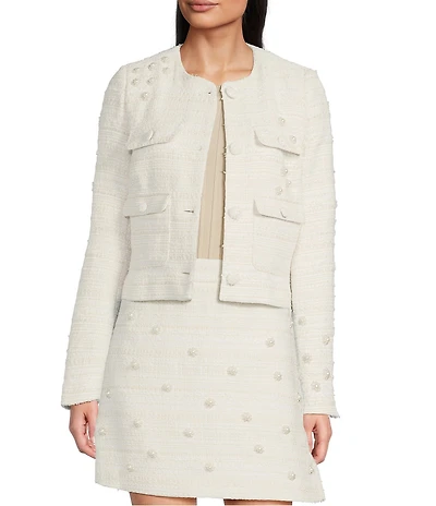 KARL LAGERFELD PARIS Coordinating Tweed Pearl Flower Round Neck Long Sleeve Button Front Jacket