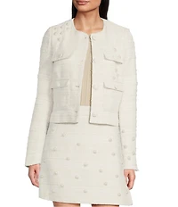 KARL LAGERFELD PARIS Coordinating Tweed Pearl Flower Round Neck Long Sleeve Button Front Jacket
