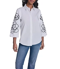 KARL LAGERFELD PARIS Cotton Poplin Point Collar Long Floral Sleeve Button-Front Blouse