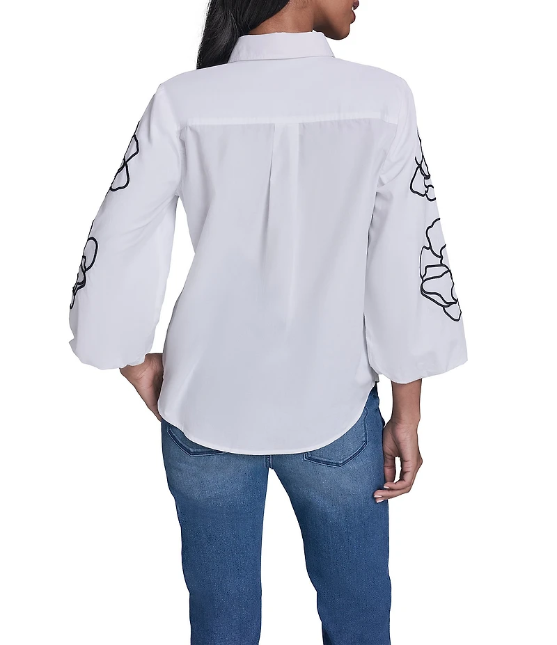 KARL LAGERFELD PARIS Cotton Poplin Point Collar Long Floral Sleeve Button-Front Blouse