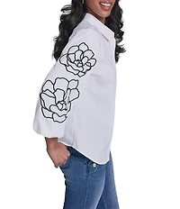 KARL LAGERFELD PARIS Cotton Poplin Point Collar Long Floral Sleeve Button-Front Blouse