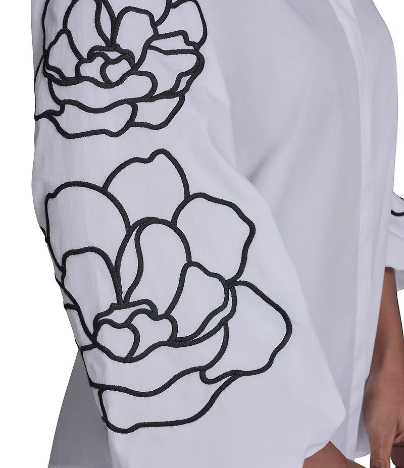 KARL LAGERFELD PARIS Cotton Poplin Point Collar Long Floral Sleeve Button-Front Blouse