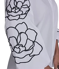 KARL LAGERFELD PARIS Cotton Poplin Point Collar Long Floral Sleeve Button-Front Blouse