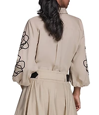 KARL LAGERFELD PARIS Cotton Poplin Point Collar Long Floral Sleeve Button-Front Blouse