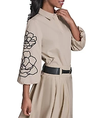 KARL LAGERFELD PARIS Cotton Poplin Point Collar Long Floral Sleeve Button-Front Blouse