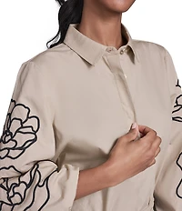KARL LAGERFELD PARIS Cotton Poplin Point Collar Long Floral Sleeve Button-Front Blouse