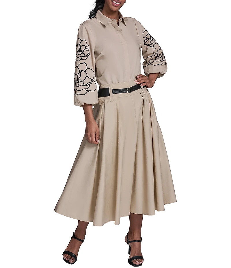 KARL LAGERFELD PARIS Cotton Poplin Point Collar Long Floral Sleeve Button-Front Blouse