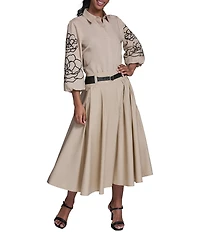 KARL LAGERFELD PARIS Cotton Poplin Point Collar Long Floral Sleeve Button-Front Blouse