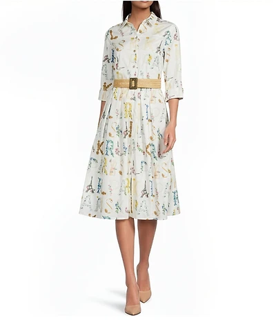 KARL LAGERFELD PARIS Cotton Sateen Printed Point Collar 3/4 Sleeve Belted Midi A-Line Dress