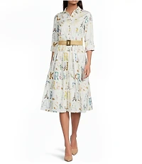 KARL LAGERFELD PARIS Cotton Sateen Printed Point Collar 3/4 Sleeve Belted Midi A-Line Dress