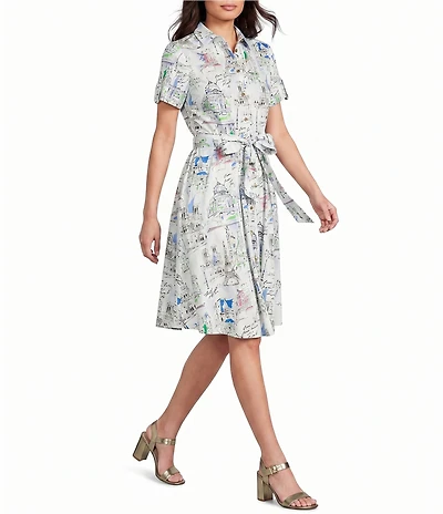 KARL LAGERFELD PARIS Cotton Sateen Printed Point Collar Short Sleeve Shirt Dress