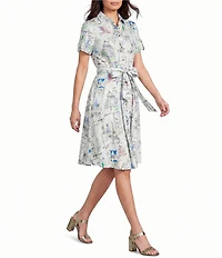 KARL LAGERFELD PARIS Cotton Sateen Printed Point Collar Short Sleeve Shirt Dress