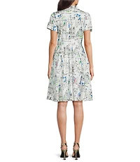 KARL LAGERFELD PARIS Cotton Sateen Printed Point Collar Short Sleeve Shirt Dress