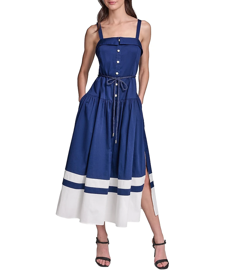 KARL LAGERFELD PARIS Cotton Stretch Satin Sleeveless Midi Dress