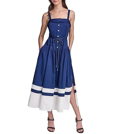 KARL LAGERFELD PARIS Cotton Stretch Satin Sleeveless Midi Dress