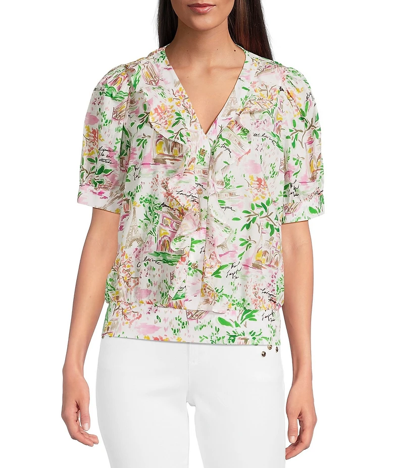 KARL LAGERFELD PARIS Cotton Voile Printed V-Neck Short Sleeve Top