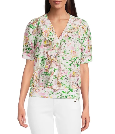 KARL LAGERFELD PARIS Cotton Voile Printed V-Neck Short Sleeve Top