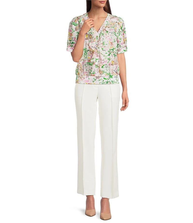 KARL LAGERFELD PARIS Cotton Voile Printed V-Neck Short Sleeve Top