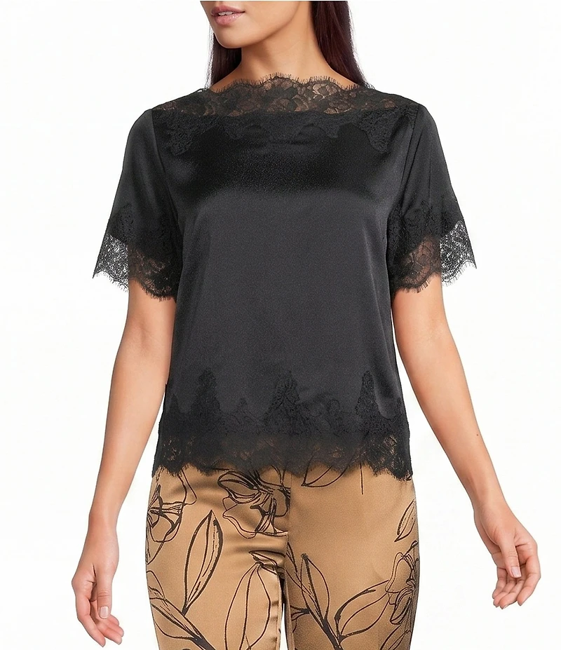 KARL LAGERFELD PARIS Crepe Boat Neck Short Sleeve Blouse