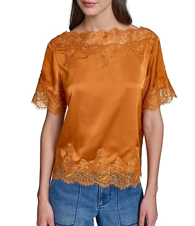 KARL LAGERFELD PARIS Crepe Boat Neck Short Sleeve Blouse