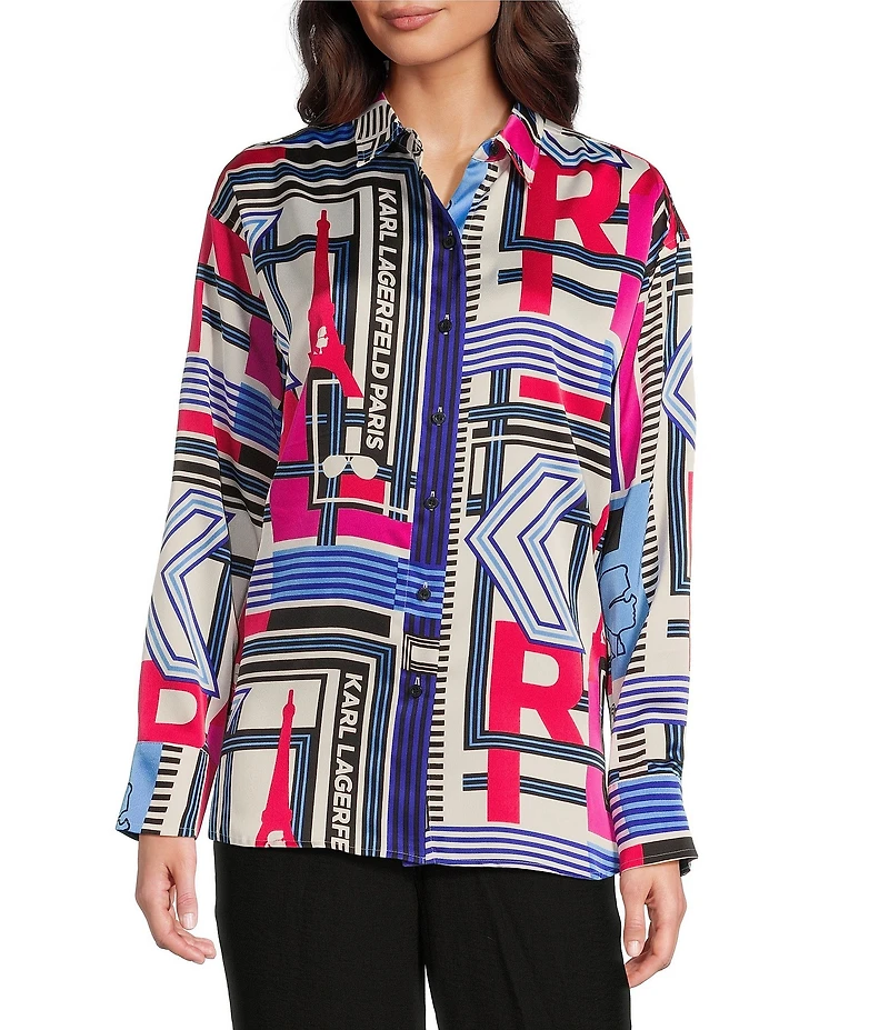 KARL LAGERFELD PARIS Crepe De Chine Abstract Print Point Collar Long Sleeve Button-Front Blouse
