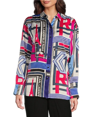 KARL LAGERFELD PARIS Crepe De Chine Abstract Print Point Collar Long Sleeve Button-Front Blouse