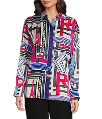KARL LAGERFELD PARIS Crepe De Chine Abstract Print Point Collar Long Sleeve Button-Front Blouse