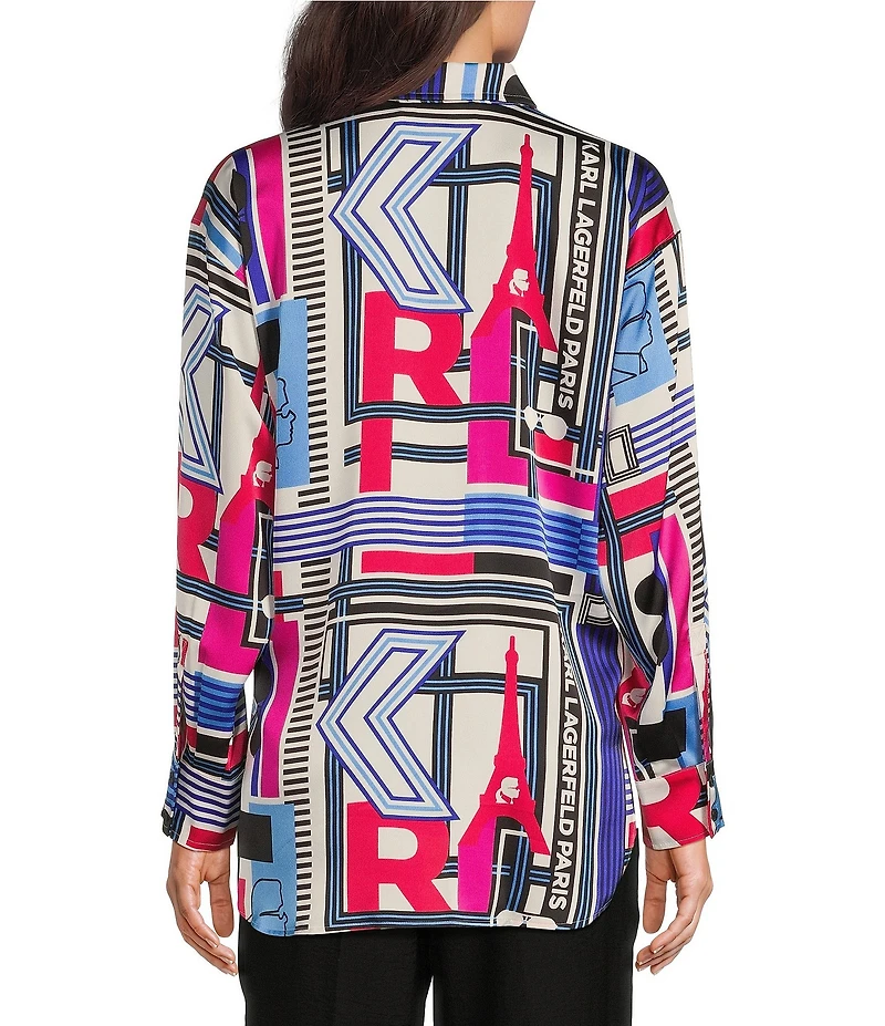KARL LAGERFELD PARIS Crepe De Chine Abstract Print Point Collar Long Sleeve Button-Front Blouse