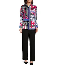 KARL LAGERFELD PARIS Crepe De Chine Abstract Print Point Collar Long Sleeve Button-Front Blouse