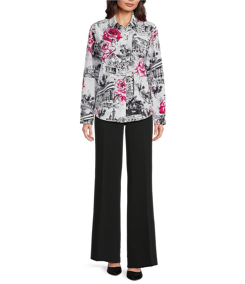 KARL LAGERFELD PARIS Crepe Paris Scene Point Collar Long Sleeve Blouse