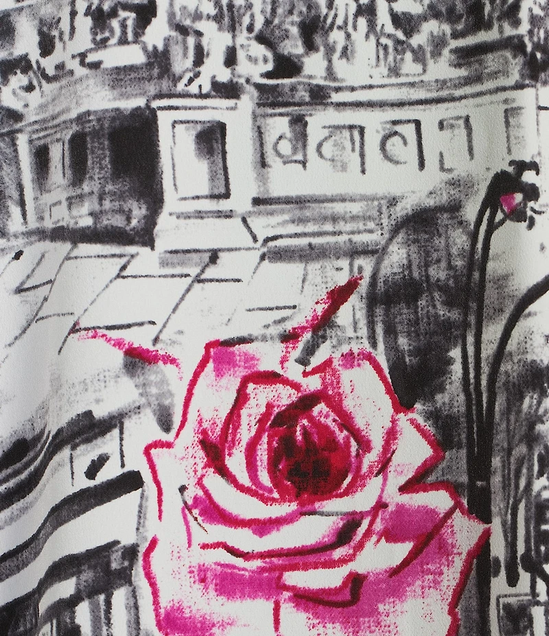 KARL LAGERFELD PARIS Crepe Paris Scene Point Collar Long Sleeve Blouse