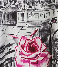 KARL LAGERFELD PARIS Crepe Paris Scene Point Collar Long Sleeve Blouse