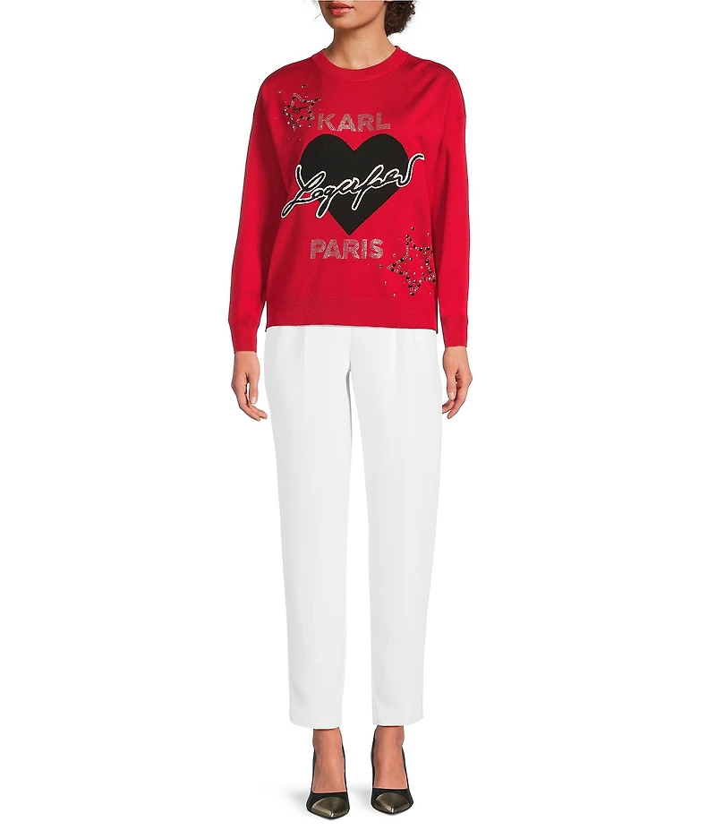 KARL LAGERFELD PARIS Crew Neck Long Sleeve Heart Sweater