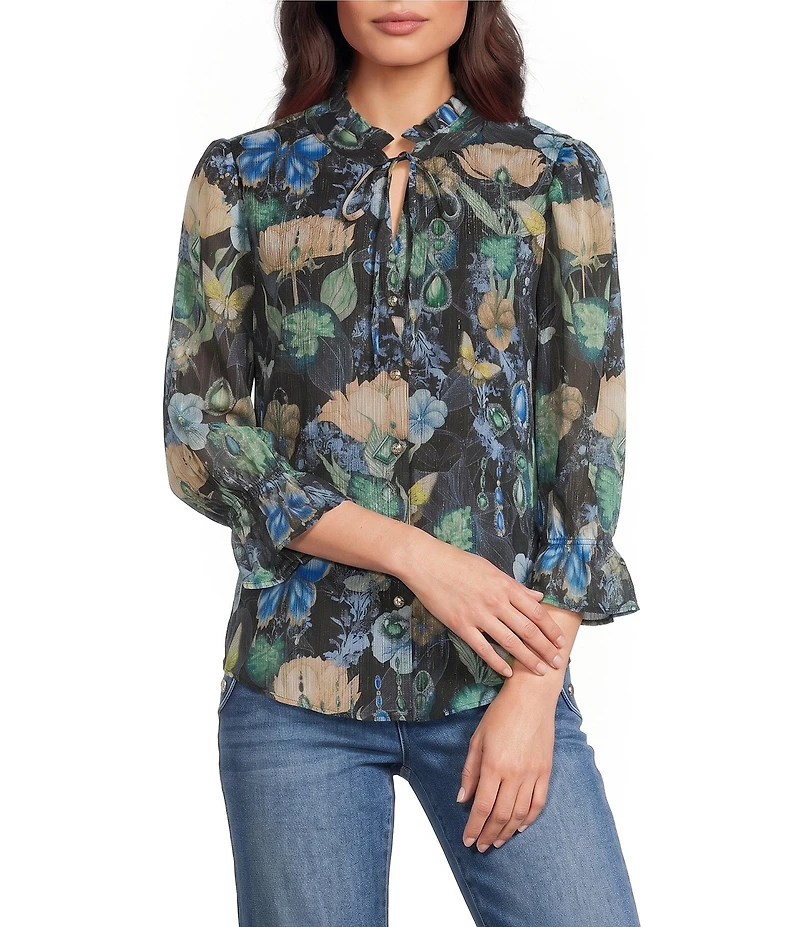 KARL LAGERFELD PARIS Crinkle Chiffon Floral Butterfly Print V-Neck 3/4 Sleeve Top