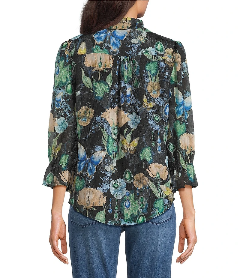 KARL LAGERFELD PARIS Crinkle Chiffon Floral Butterfly Print V-Neck 3/4 Sleeve Top