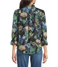KARL LAGERFELD PARIS Crinkle Chiffon Floral Butterfly Print V-Neck 3/4 Sleeve Top