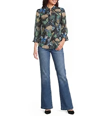 KARL LAGERFELD PARIS Crinkle Chiffon Floral Butterfly Print V-Neck 3/4 Sleeve Top