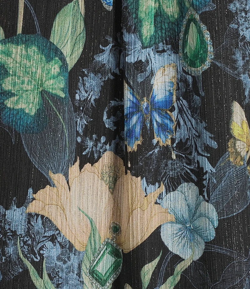 KARL LAGERFELD PARIS Crinkle Chiffon Floral Butterfly Print V-Neck 3/4 Sleeve Top