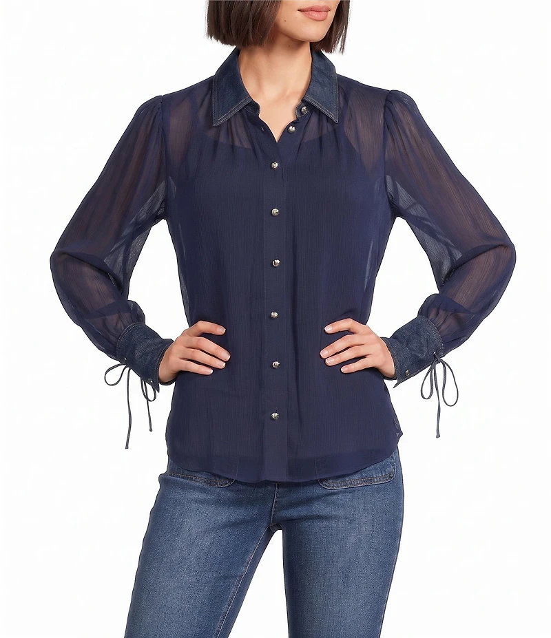 KARL LAGERFELD PARIS Crinkle Chiffon Point Collar Long Sleeve Blouse