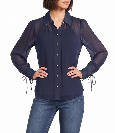 KARL LAGERFELD PARIS Crinkle Chiffon Point Collar Long Sleeve Blouse