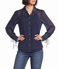 KARL LAGERFELD PARIS Crinkle Chiffon Point Collar Long Sleeve Blouse