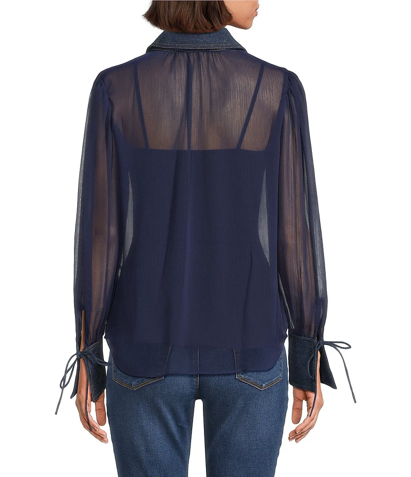 KARL LAGERFELD PARIS Crinkle Chiffon Point Collar Long Sleeve Blouse